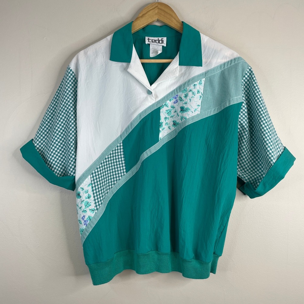 Vintage 90s Patchwork Grunge Top XLarge Hipster Grandma Gingham Mixed Print Polo